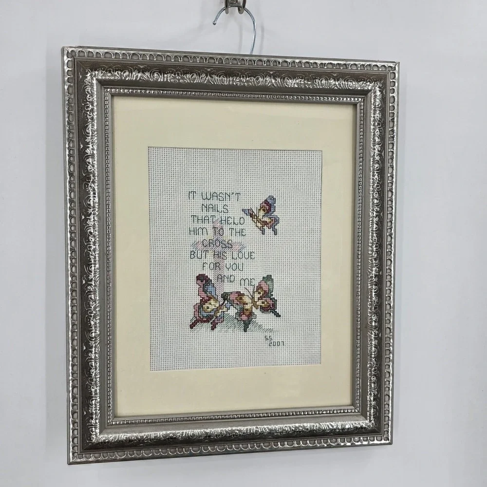 VTG Handmade Completed Framed Cross Stitch It Wasn't Nails Christian 2001Decor
